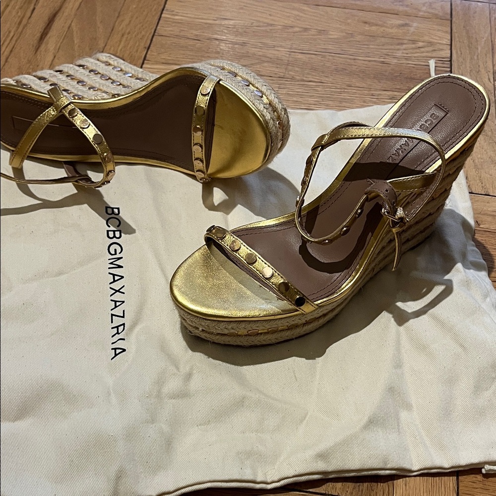 BCBGMaxAzria Metallic Gold Wedge Sandals